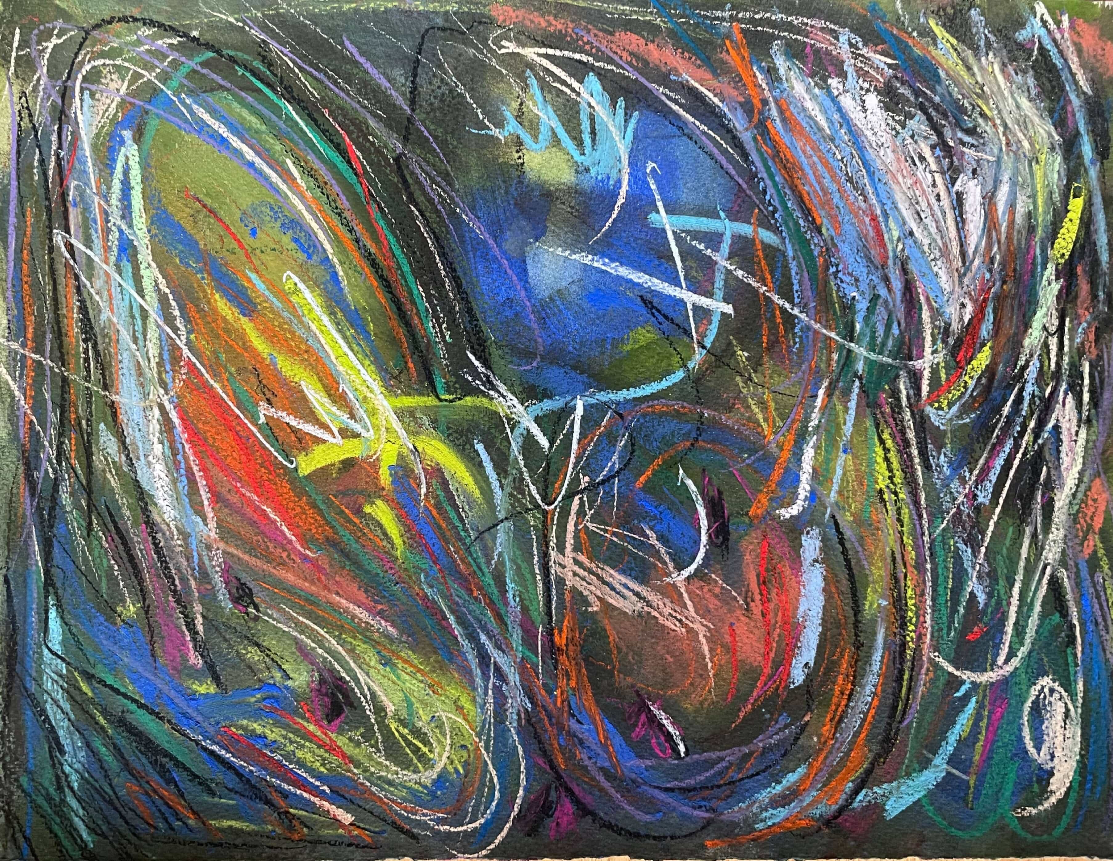 An emotive abstract drawing using gouache paint and soft pastels