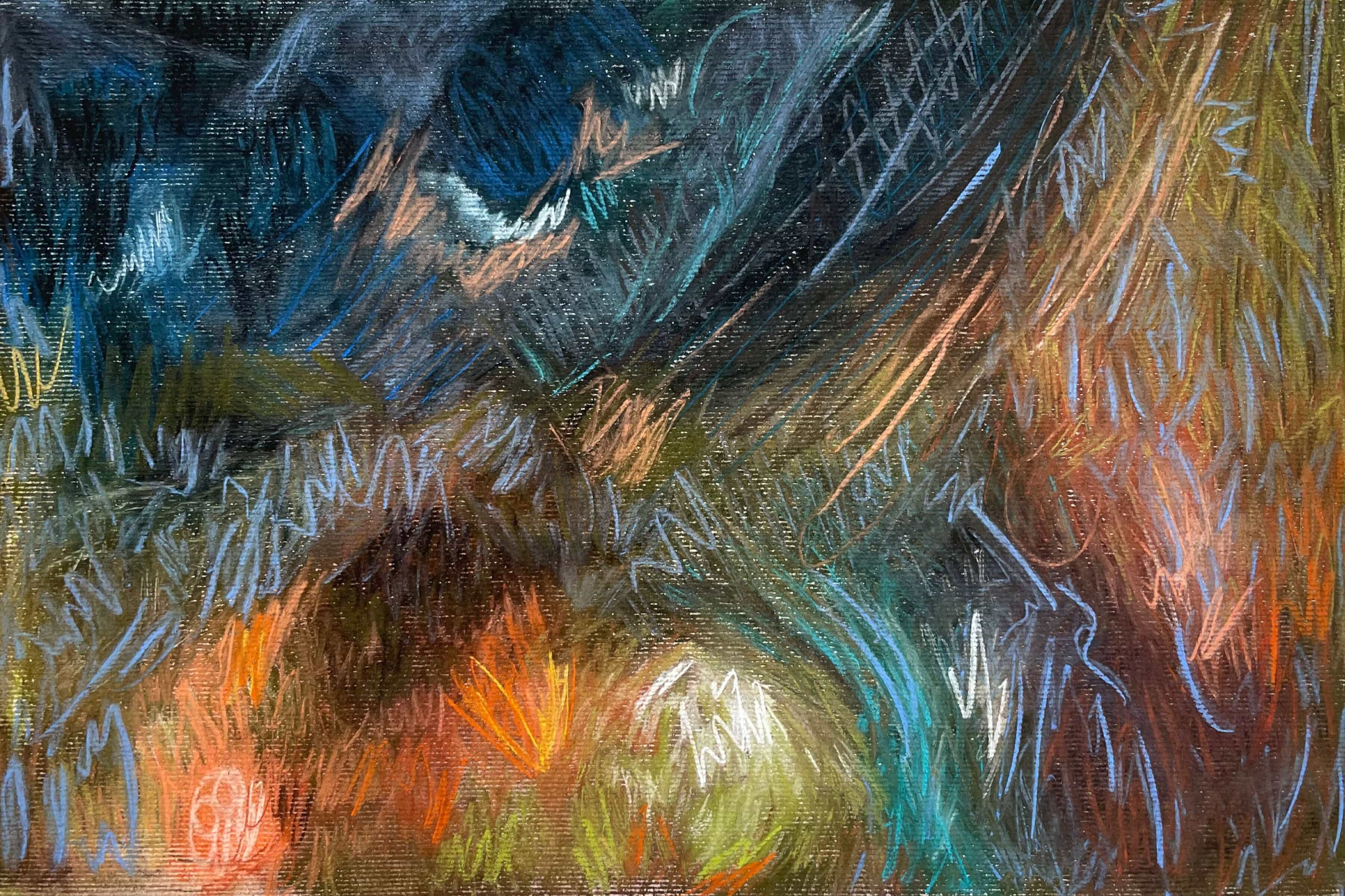 An emotive abstract drawing using soft pastels with blue green orange brown